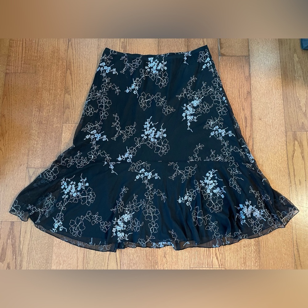 Vintage Floral Mesh Overlay Black Midi Slip Skirt 1X Whimsigoth Dark Cottagecore